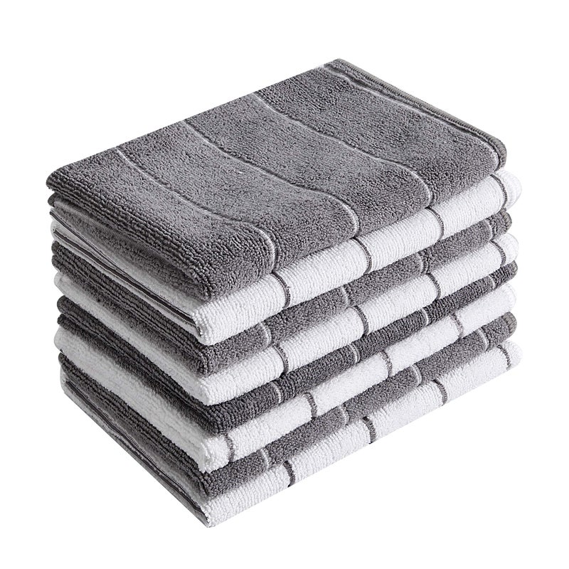 HYER KITCHEN Microfiber Kitchen Towels - Super Absorbent, Soft and Solid Color Dish Towels, 8 Pack (Stripe Designed Grey and White Colors), 26 x 18 Inch - Image 1